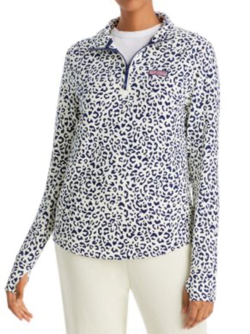 Vineyard Vines White and Navy Leopard Print Quarter Zip‎ Pullover